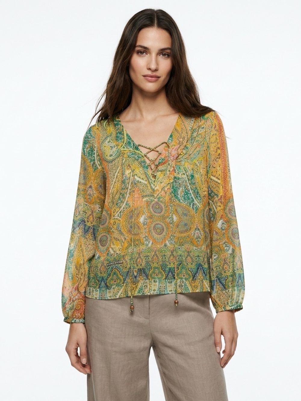 ZARA Sheer Boho Paisley Blouse Lace-Up Peasant Top (M) Green/Gold, Festival